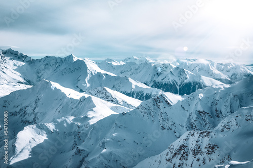 Wild and untouched snowy mountain landscape in breathtaking winter atmosphere photographed in Mölltal Glacier ski resort. Mölltaler glacier, Flattach, Kärnten, Austria, Europe.