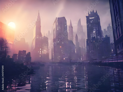 Gotham City - abstrakte Downtown Illustration im mystischen Sonnenaufgang