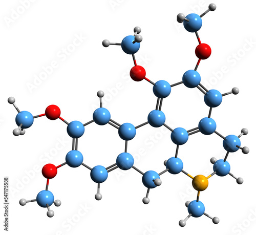 3D image of Glaucine skeletal formula - molecular chemical structure of aporphine alkaloid isolated on white background 