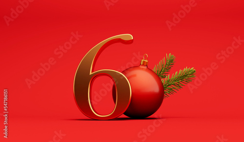 The 12 days of christmas. 6th day festive background gold lettering with bauble. 3D Rendering