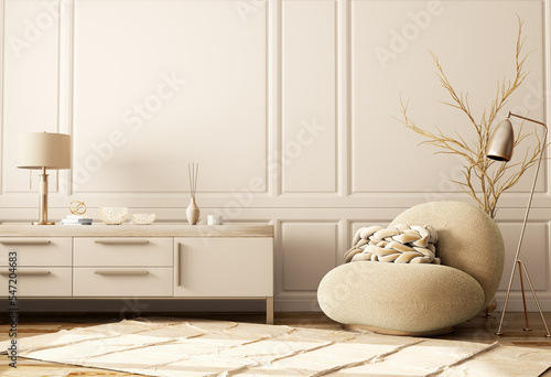 Modern interior design of living room with armchair, plaid or pillow, dresser with decor, beige paneling wall. 3d rendering