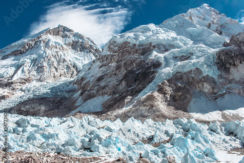 Khumbu Glacier, Mt. Everest, Mt. Muptse, Mt. Lhotse seen from Everest Base Camp in Solukhumbu, Nepal