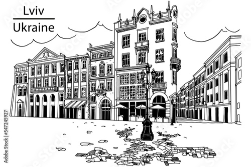 Vector sketch of street scene in Lviv, Ukraine.