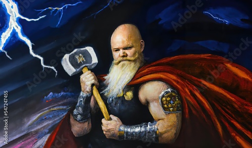 Thor god of thunder from Norse mythology holding his hammer Mjölnir