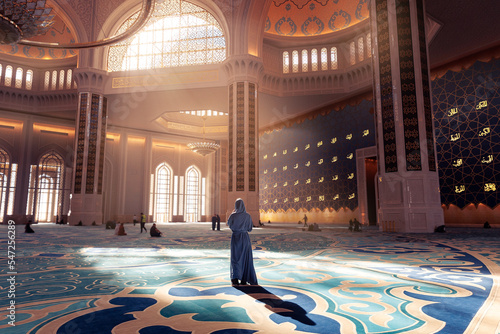 Back view modern woman in traditional blue abaya standing in Grand Mosque with magic sun light. Concept traveling islam arab culture