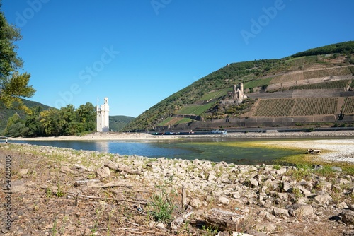 Low water on the Rhine river during a drought in Bingen, Germany