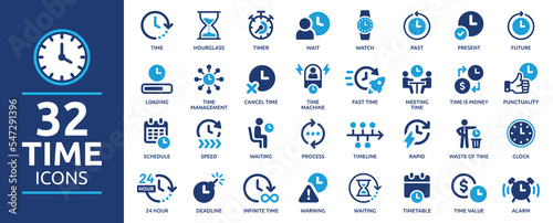 Time icon set. Timer, alarm, schedule, hourglass, clock icons. Solid icon collection.