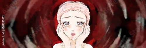 赤く膿んだニキビに絶望し涙する思春期女性の上半身カラー漫画ワイドサイズイラスト