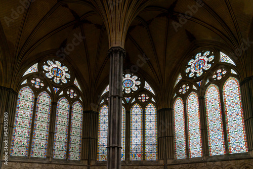stained glass windows inside the Chapter House in the Salisbury Cathedral