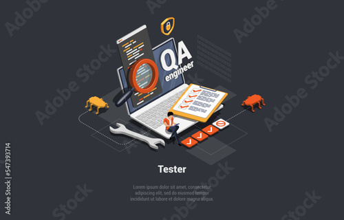 Software Testing Concept. Software Tester Testing Programs, Debugging And Make Functional Test. Software Quality Assurance Engineering Make Tests Of Applications. Isometric 3d Vector Illustration