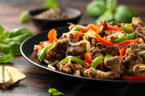 Crispy Salt and Pepper Beef with onion and bell peppers