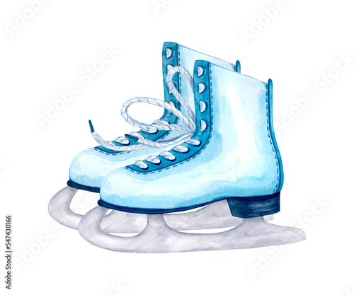 Pair of blue figure skates with laces. Hand-drawn watercolor illustration. Element of winter pastime.