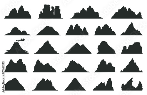 Cartoon mountains silhouettes, black outdoor landscape elements. Nature rocks, expedition or hiking mountain peaks mountain peak silhouette flat vector illustration. Mountain silhouettes collection