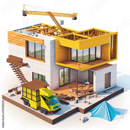 Process of construction modern modular house from composite sip panels. 3d illustration