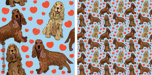 Pattern design with hearts, funny Cocker Spaniel dogs doodles, and seamless pattern. T-shirt textile, wallpaper, wrapping paper, background graphic design with hearts, blue background. Valentine's Day