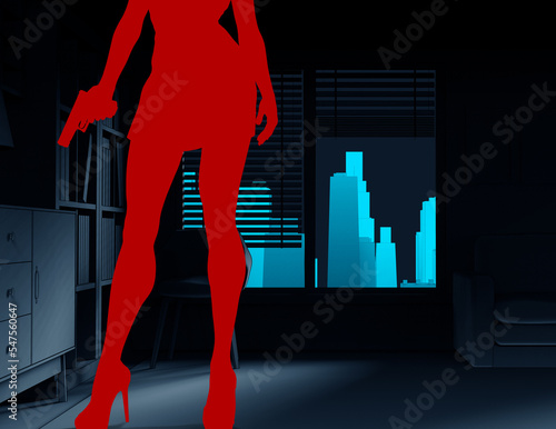 3d render noir illustration of red colored sexy lady silhouette in dress holding gun on dark night room background.