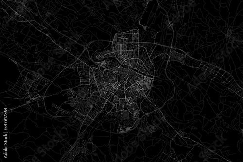 Stylized map of the streets of Zaragoza (Spain) made with white lines on black background. Top view. 3d render, illustration