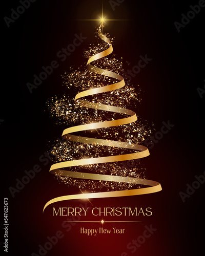3D Golden Christmas Tree with confetti sparkle light. This suitable for poster, banner, background, card or social media post.