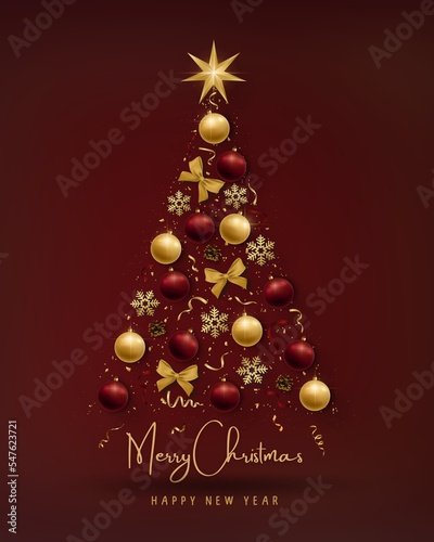 Christmas tree Gold 3D, confetti and jewelery balls. Christmas and New Year card templates. Christmas paper art design, greeting cards, poster, social media post
