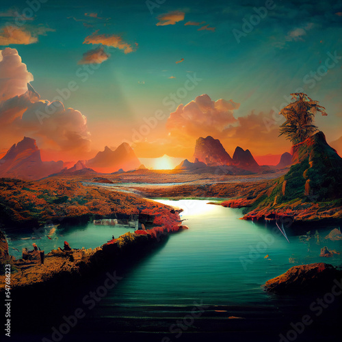 Paradise. Pink clouds, a river of bliss. A Child's Sunny Dream. High quality illustration.