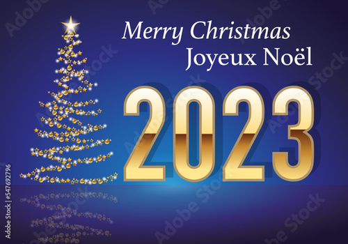 Carte de vœux 2023 au design classique sur fond rouge, avec le traditionnelle sapin de noël, fait avec une guirlande dorée pour souhaiter un joyeux noël.