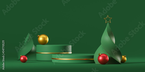 Cylinder pedestal and abstract christmas trees with decoration