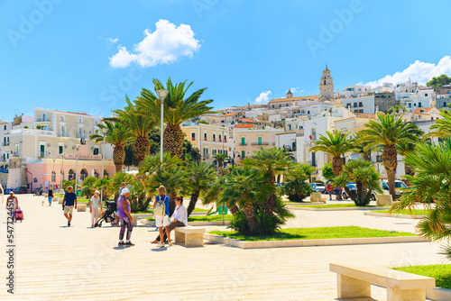 Vieste, Italy. View of the square at the promenade of Viale Marinai D'Italia in the town center. You can see palm trees and people walking by. September 5, 2022.