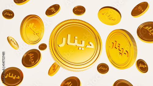 3d render of gold dinar Coins money falling down on white background,