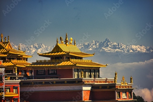 Sunset above valley Buddhist monastery Nepal in the Himalaya mountains