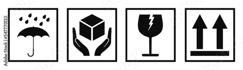 Fragile cargo set icons, fragile package warning signs umbrella, box in hands, glass, side up box, logistics delivery shipping special labels - stock vector