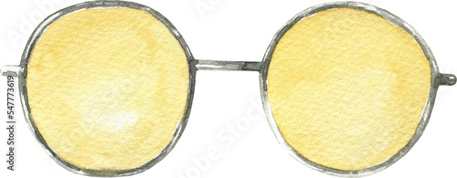 Watercolor yellow hippie round glasses illustration. Hipster funny clothes accessories, character creator decor fashion element isolated. Cute drawing clipart element cutout for man, woman