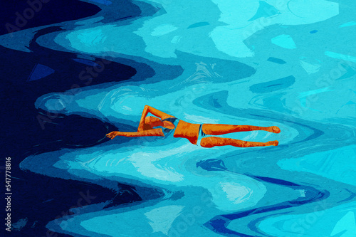 Sylwetka młoda kobieta w stroju kąpielowym pływająca na placach w oceanie. Perspektywa z góry.