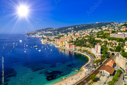 Beach with boats Beausoleil, Nice, Nizza, Alpes-Maritimes, Provence-Alpes-Cote d'Azur, Cote d'Azur, French Riviera, France
