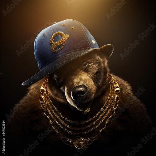 bear dressed up as a rapper with a microphone, rap
