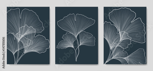 Luxury dark blue art background with ginkgo leaves hand drawn in line art style. Botanical print set for wallpaper design, interior design, decor, textile, poster, packaging, cards.