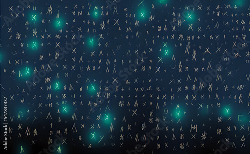 Abstract rune and arcane magic occult symbol background. Mystical mythical typography. North/Norse Viking runes as binary code. Web and network matrix, big data