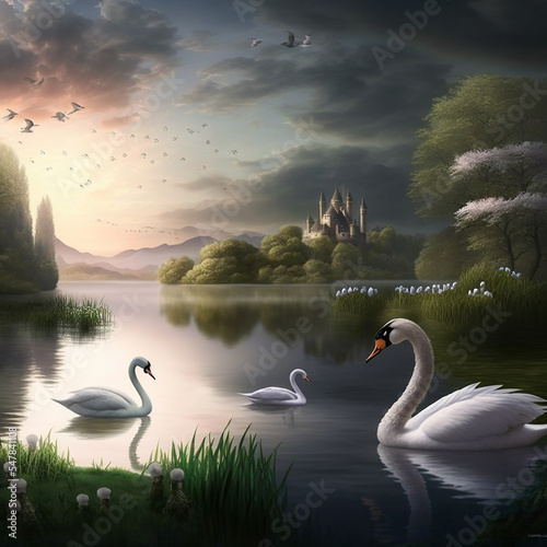 Ai generated landscape with swans in a pond/river 