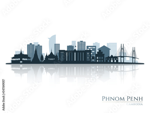 Phnom penh skyline silhouette with reflection. Landscape Phnom penh, Cambodia. Vector illustration.