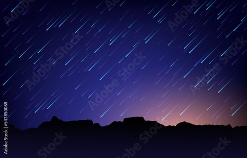 Technology meteor shower event. Shooting stars at night sky. Abstract meteor shower background. Tears of San Lorenzo. Meteor shower falls down with sunrise on the mountain. Vector illustration.