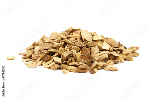 Wood chips for smocking isolated on white. Natural apricot wood smoking chunks