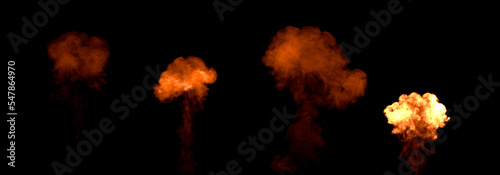 Four different flaming mushroom burstings, isolated - object 3D illustration