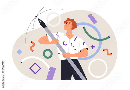 Graphic designer holding pen tool, drawing digital art. Creative tiny artist illustrator at work process. Modern young painter and big pentool. Flat vector illustration isolated on white background