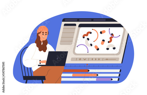 Motion designer at work. Animator making, designing animation with software at computer, working process. Creative girl creating digital art. Flat vector illustration isolated on white background