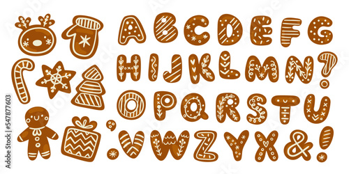 Gingerbread alphabet. Sugar Christmas biscuits. Ginger cookies with glaze decorations. Uppercase letters and numbers. Holiday font elements. Pastry typeface. Garish vector alphabetical set