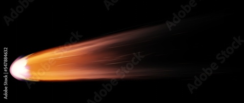 Fall comet from space, fiery tail falling meteorite. Entry of an asteroid comet into the Earth atmosphere on a black background. 3d render