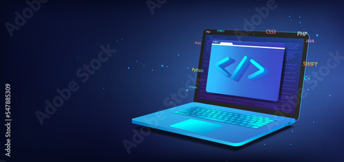 Banner Software development. 3D laptop with programming icon. Web coding and software testing concept. 3D realistic laptop with browser windows and different programming languages. Vector web banner