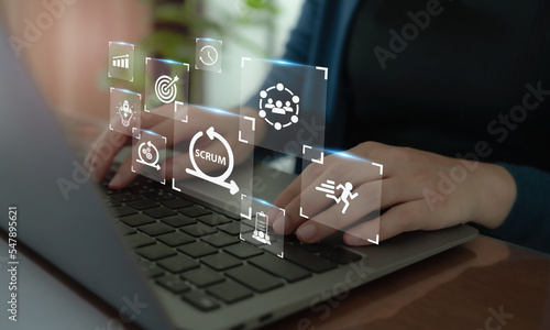 SCRUM, agile development methodology concept. Task sprint teamwork methodology. Adaptable, fast, flexible and effective agile framework. Scrum roles, product owner, scrum master and scrum team.