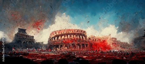 Gladiators fight in a colosseum. Slave. roman soldiers armed and fighting.