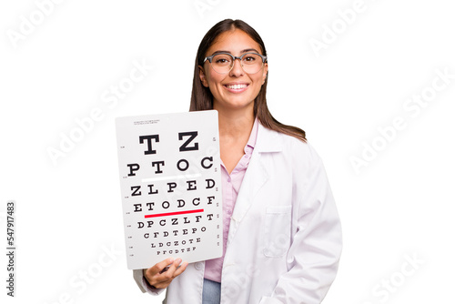 Young caucasian oculist woman isolated laughing and having fun.
