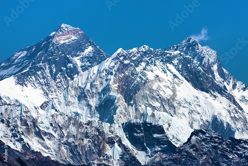 Mount Everest and Mt Lhotse from Renjo pass blue colored